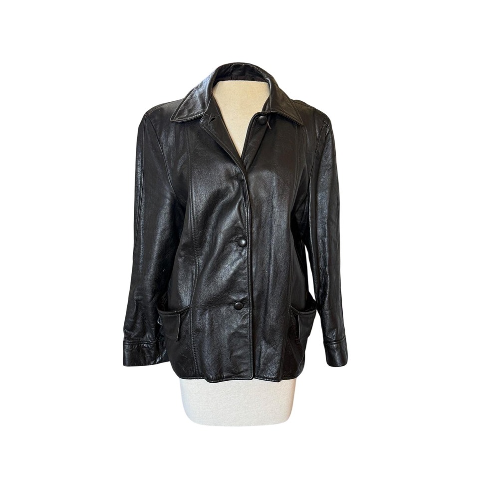 Vintage Leather‎ Black Jacket Medium 70s Button Front Chic Outerwear Minimalist